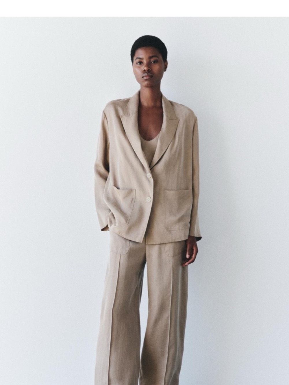 Zara 3 pieces Beige Relaxed Linen-Blend Blazer and Wide-Leg Trousers